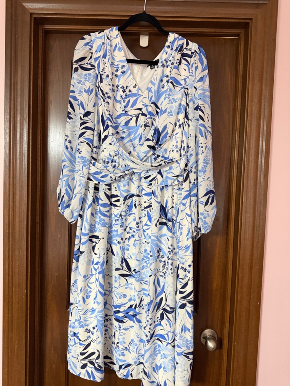 R&K White Dress with Blue Floral Print Long Sleeve